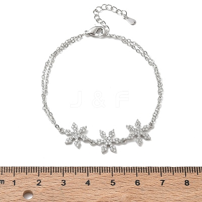 Brass Micro Pave Clear Cubic Zirconia Triple Flower Link 2-Strand Bracelets KK-CBA6980-16P-1