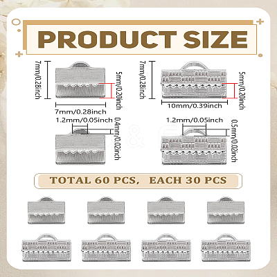 60Pcs 2 Styles 304 Stainless Steel Ribbon Crimp Ends STAS-LP0005-33-1