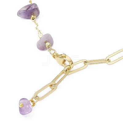 Natural Amethyst Chip Bead & Brass Paperclip Chains Bracelets BJEW-JB12715-01-1