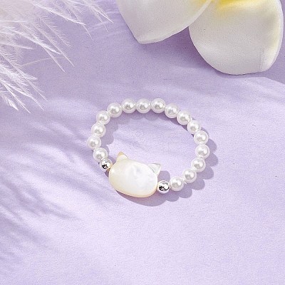 Cat Shaped Natural White Shell Beaded Stretch Finger Rings RJEW-TA00175-1