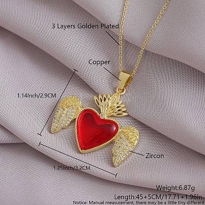 Brass Micro Pave Clear Cubic Zirconia and Red Resin Scared Heart Pendant Necklaces for Women FS-WG476F5-11-1