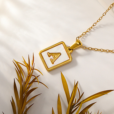 Rectangle 304 Stainless Steel Pave Natural White Shell Initial Pendant Necklaces for Women FS-WGB5EDA-01-1