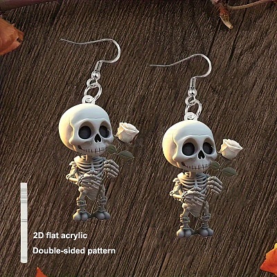 Skeletonl with Rose Acrylic Dangle Earrings FS-WG6350E-02-1
