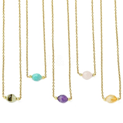 Natural Mixed Stone Faceted Oval Pendant 304 Stainless Steel Cable Chain Necklaces for Women NJEW-JN06226-1