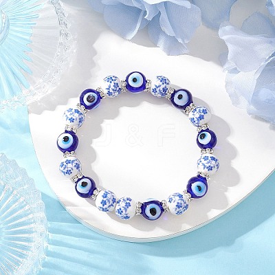 Handmade Flower Printed Porcelain Ceramic & Handmade Lampwork Evil Eye Beads Stretch Bracelets for Women BJEW-JB12105-04-1