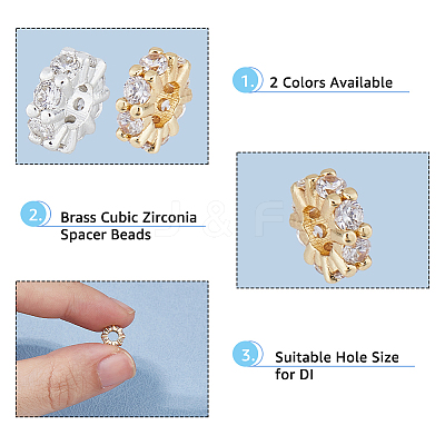 10Pocs 2 Colors Brass Micro Pave Clear Cubic Zirconia Spacer Beads KK-HS0001-53-1