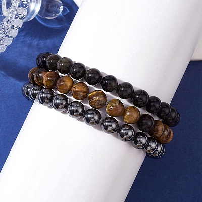 3Pcs 3 Styles Natural & Synthetic Mixed Gemstone Round Beaded Stretch Bracelets Set BJEW-JB10139-05-1
