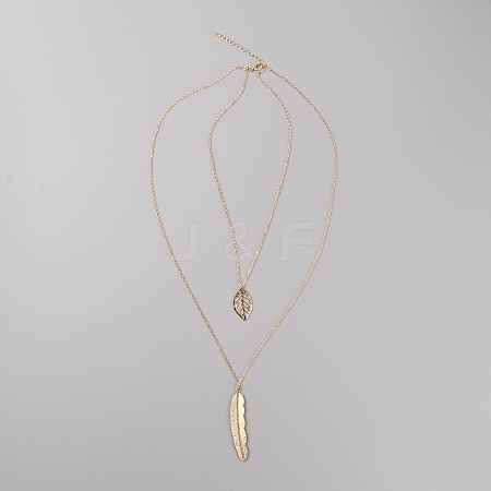 Alloy Leaf Pendant Double Layer Necklace for Women NJEW-WH0020-12KCG-B-1