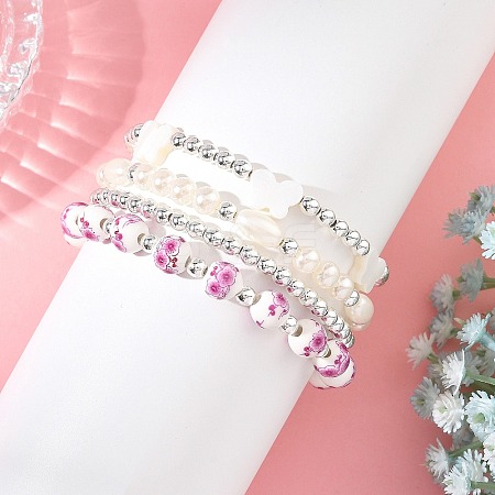 4Pcs 4 Styles Printed Porcelain Beads & Synthetic Hematite Beads & Shell Beads & ABS Plastic Pearl Stretch Bracelets Sets for Women BJEW-JB14203-02-1