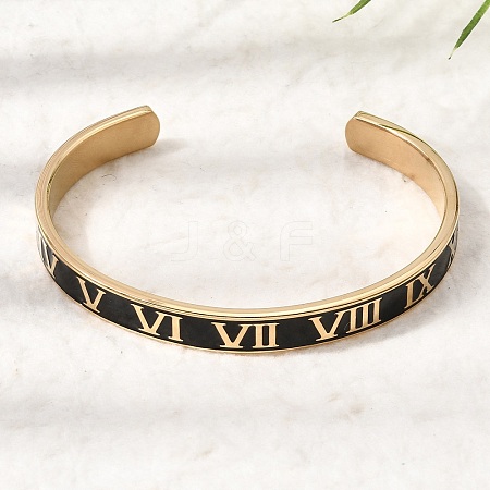 304 Stainless Steel Black Enamel Roman Numerals Open Cuff Bangles for Women SA-CBAC920-14G-1