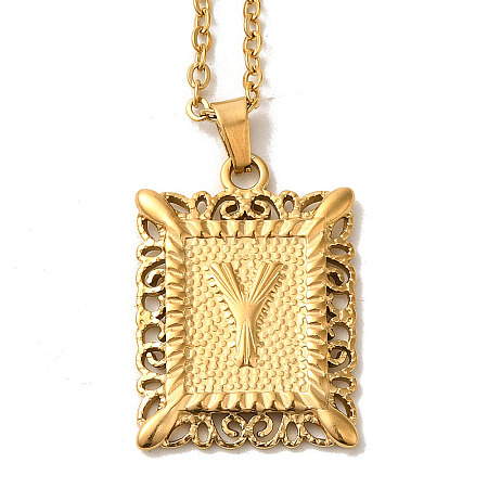 201 Stainless Steel Cable Chain Rectangle with Letter Pendant Necklaces NJEW-M070-01G-Y-1