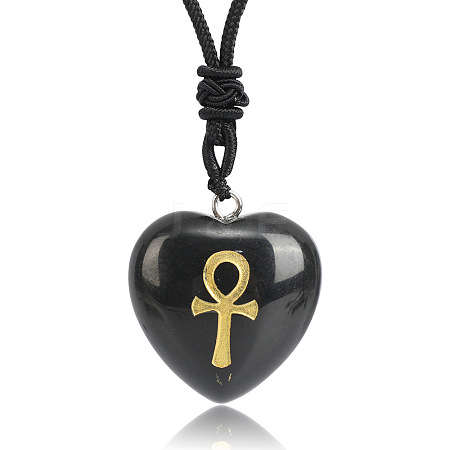 Natural Obsidian Heart Engraved AnKh Cross Pendant Personalized DIY Necklaces SC1205-5-1