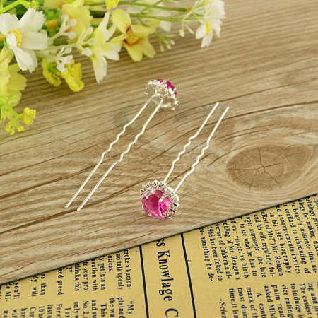 Lady's Hair Accessories Silver Color Iron Glass Rhinestone Flower Hair Forks PHAR-S195-05-1