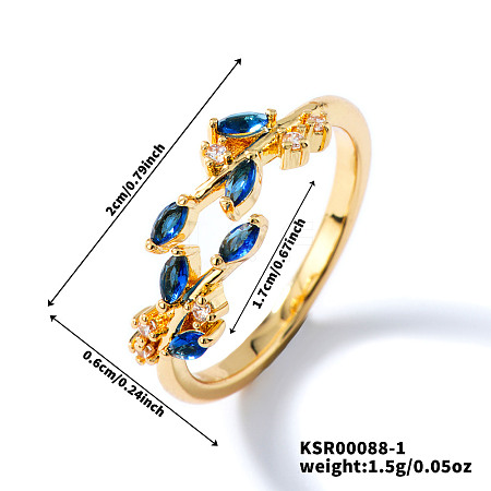 Exquisite Brass Cubic Zirconia Willow Leaf Cuff Rings for Women UN6923-1-1