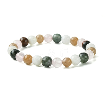 Natural Rose Quartz & Rainbow Moonstone & Sunstone & African Bloodstone Round Beaded Stretch Bracelets BJEW-JB10910-03-1