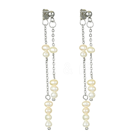 Natural Pearl Beaded Tassel Dangle Stud Earrings EJEW-JE05514-02-1