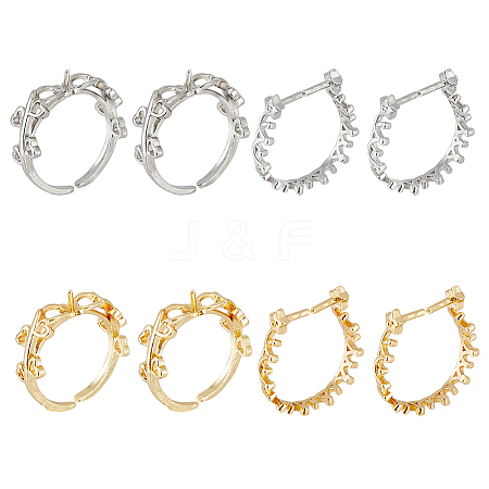 SUPERFINDINGS 8Pcs 4 Style Rack Plating Brass Open Cuff Ring Settings KK-FH0006-84-1