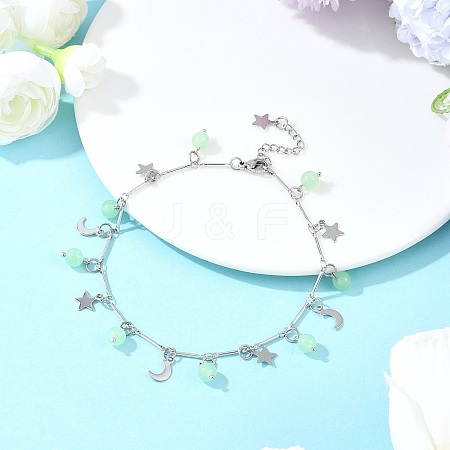 201 Stainless Steel Moon Star & Natural Dyed Malaysia Jade Round Charm Brass Bar Link Chain Anklets AJEW-AN00732-03-1