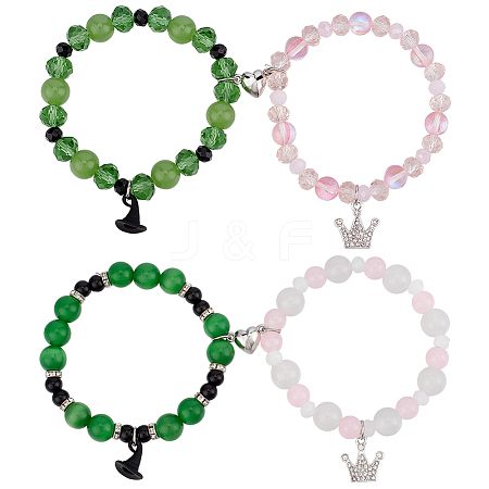 4Pcs 4 Styles Witch Hat Crown Alloy Charm Glass & Synthetic Moonstone & Cat Eye Beaded Stretch Bracelet Sets BJEW-PH01982-1