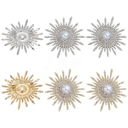 6Pcs 2 Colors Sun Alloy Rhinestone Brocches JEWB-FG0001-41-1
