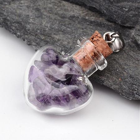 Heart Glass Bottle with Amethyst inside Pendants PALLOY-JF00172-04-1