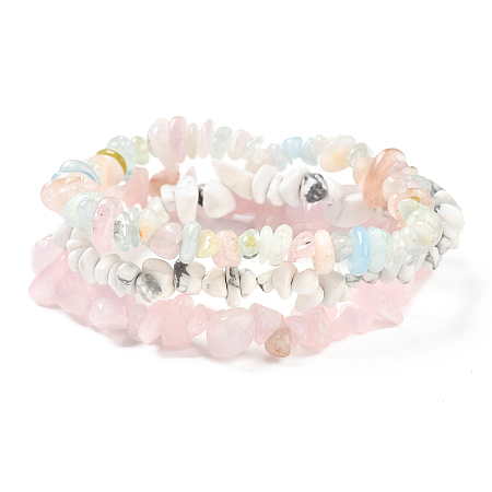 3Pcs 3 Styles Chips Natural Rose Quartz & Morganite & Howlite Beaded Stretch Bracelets Sets BJEW-FS0001-01-1