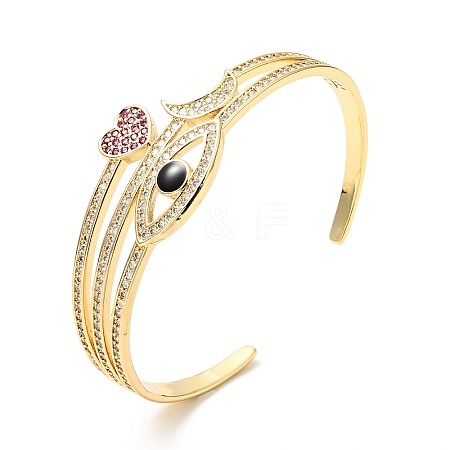 Cubic Zirconia Horse Eye & Heart & Moon Open Cuff Bangle BJEW-J165-15G-1