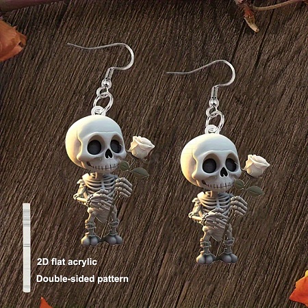 Skeletonl with Rose Acrylic Dangle Earrings FS-WG6350E-02-1