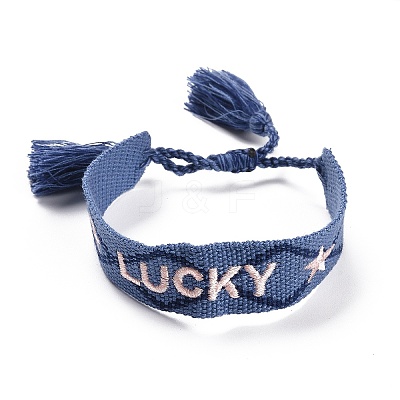 Word Lucky Polycotton(Polyester Cotton) Braided Bracelet with Tassel Charm LS-BJEW-F429-08-1