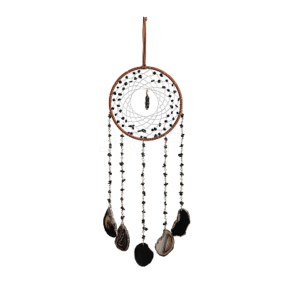 Iron & Natural Black Agate Woven Net Hanging Suncatchers HJEW-F027-09-1