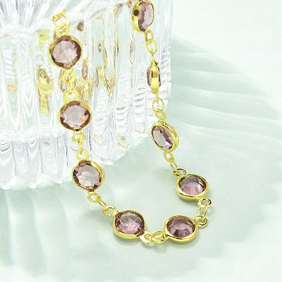 304 Stainless Steel Flat Round Acrylic Rhinestone Cup Chain Anklets for Women LS-AJEW-B031-02G-01-1