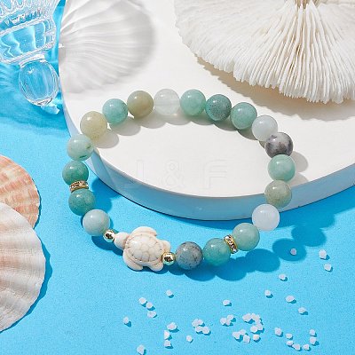 Tortoise Synthetic Turquoise & Natural Amazonite Stretch Bracelets for Women BJEW-JB10106-03-1