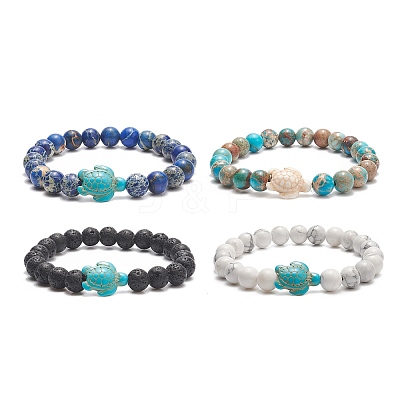4Pcs 4 Style Natural Mixed Gemstone & Synthetic Turquoise(Dyed) Tortoise Beaded Stretch Bracelets Set for Women BJEW-TA00211-1