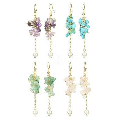 4Pairs 4 Styles Natural & Synthetic Mixed Gemstone Chips & Shell Pearl Dangle Earrings EJEW-TA00273-1