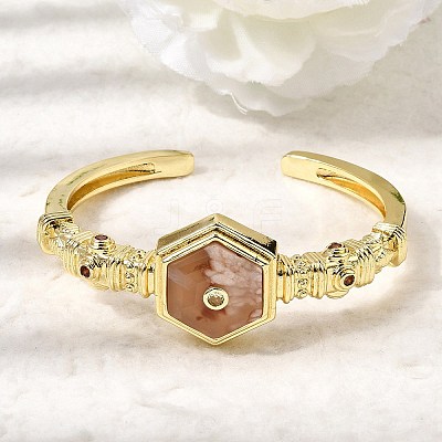 Hexagon Brass Pave Natural Cherry Blossom Agate & Cubic Zirconia Cuff Bangles for Women BJEW-Z172-01G-05-1