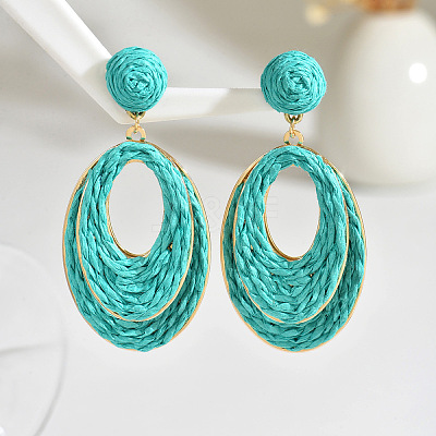 Oval Raffia Dangle Stud Earrings FS-WG8712C-07-1