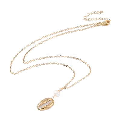 Natural Cowrie Shell Natural Pearl Pendant Necklaces NJEW-JN03745-1
