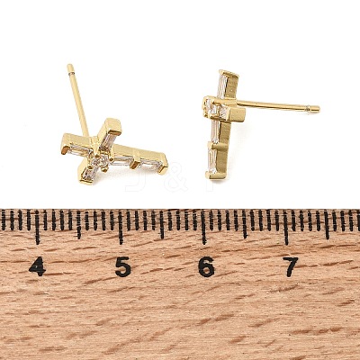 Cross Brass Micro Pave Clear Cubic Zirconia Stud Earrings EJEW-C186-18G-02-1