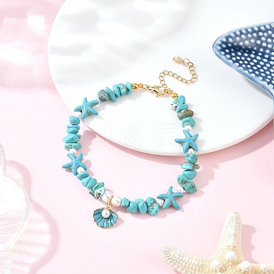 Zinc Alloy Enamel Shell Shape Charm Round Shell Pearl & Dyed Synthetic Turquoise Starfish & Magnesite Chip Beaded Anklets AJEW-AN00735-02-1