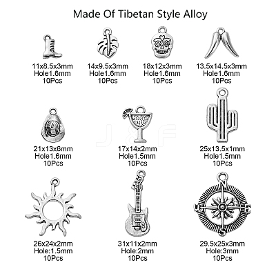 100Pcs 10 Styles Tibetan Style Alloy Pendants TIBEP-CJ0001-96-1