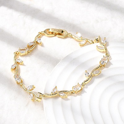 Leaf Brass Micro Pave Clear Cubic Zirconia Link Chain Bracelets BJEW-C130-02G-1