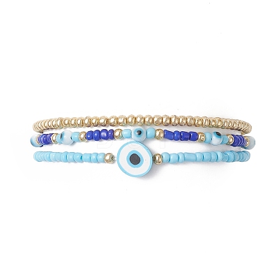 3Pcs 3 Style Evil Eye Polymer Clay & Glass Seed Beaded Stretch Bracelets Set for Women BJEW-JB09228-1