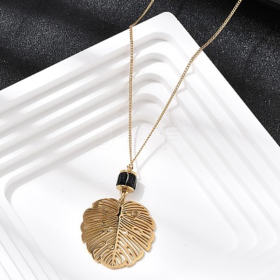 304 Stainless Steel with Disc Glass Leaf Pendant Necklaces NJEW-G184-02G-1