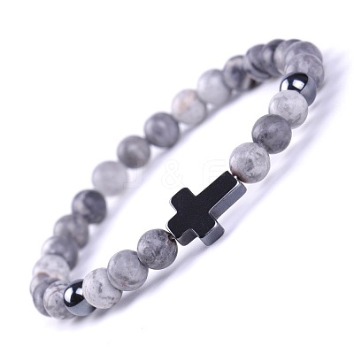 Natural Map Stone & Synthetic Non-magnetic Hematite Beads Stretch Bracelets for Women Men BO6196-5-1
