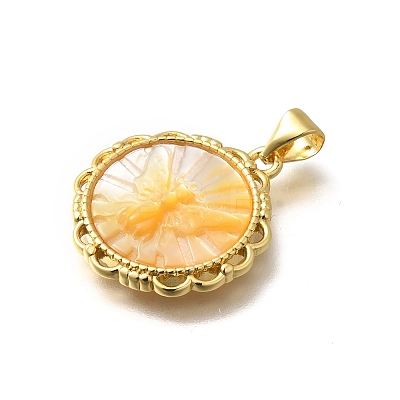 Brass with Natural Shell Carved Pendants KK-Z091-01G-02-1