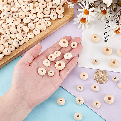 250Pcs 5 Styles Unfinished Wood Rondelle Beads WOOD-PH0002-95-1