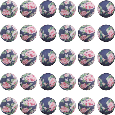 30pcs Round with Flower Pattern Silicone Focal Beads SIL-SC0002-03D-1