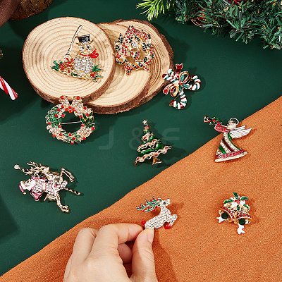 9Pcs 9 Styles Christmas Theme Rhinestone Brooch Pin JEWB-DC0001-33-1