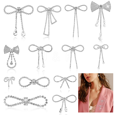 13Pcs 13 Styles Bowknot Alloy Rhinestone Brooches for Backpack Clothes JEWB-GA0001-36-1