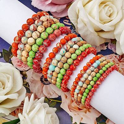 3Pcs 3 Size Natural Imperial Jasper Round Beaded Stretch Bracelets Set BJEW-SW00064-29-1